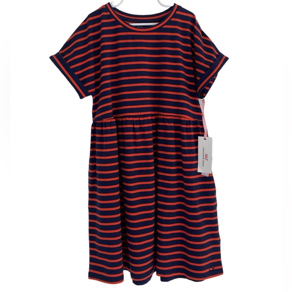 VINEYARD VINES Girl’s Navy/Orange Stripe Jersey Dress Size: M - Picture 2 of 6